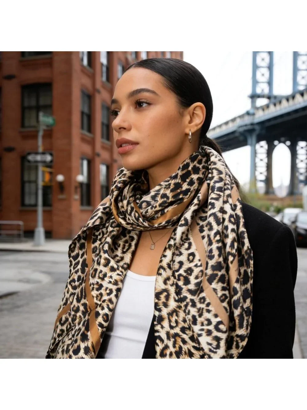Vintage Leopard Print Square Scarf Silk Feeling Bandana for Women